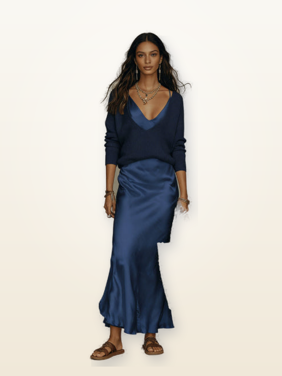 Ensemble Robe Satinée 2 Pièces – Pull & Robe Bretelles Chic – photo réelle retouchée
