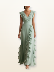 Robe Longue Bohème à Volants, Col V – Style Soirée & Cocktail – photo réelle retouchée