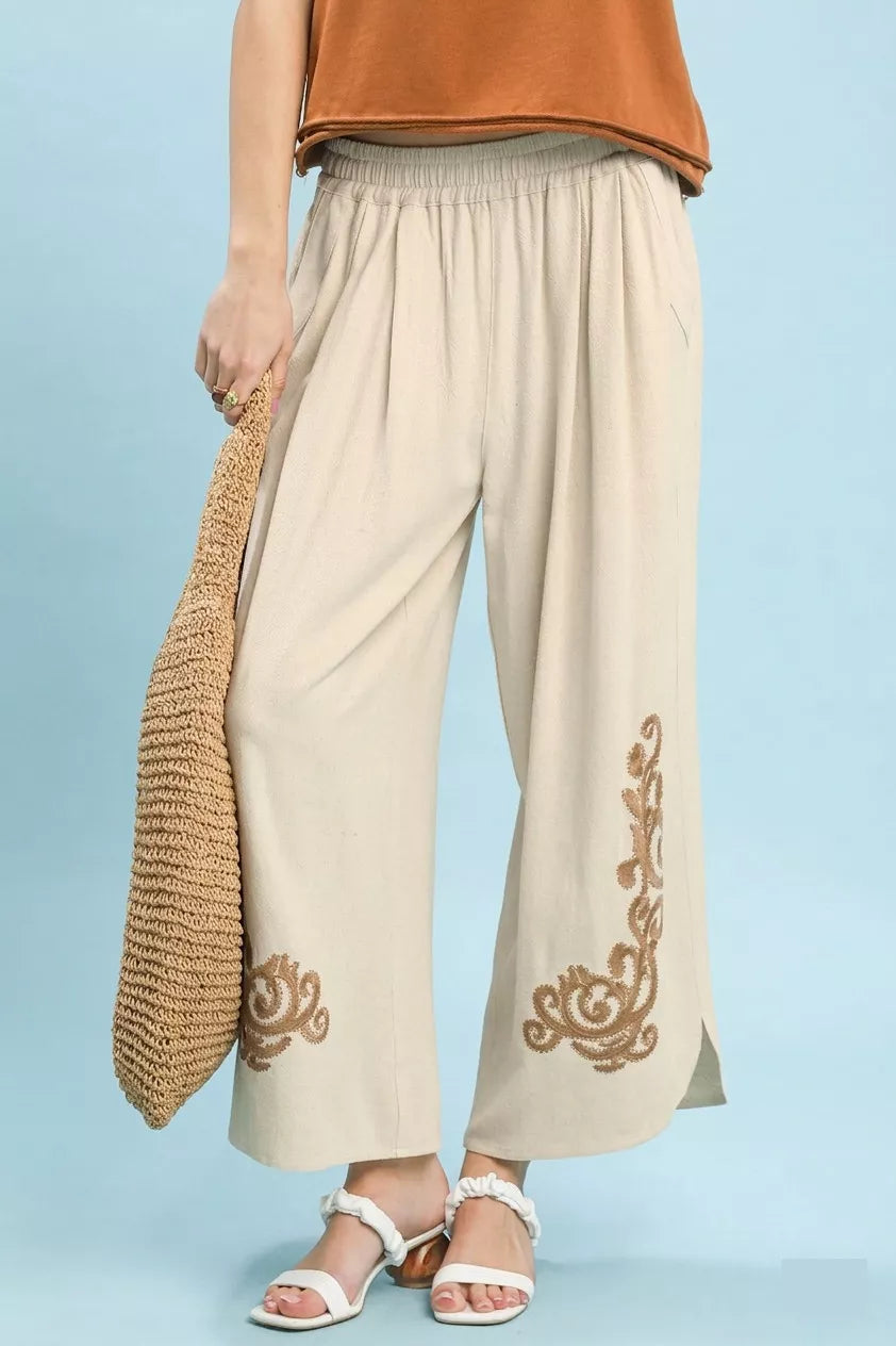 Umgee pantalon large en lin brodé style bohème – vue principale – OmniForYou