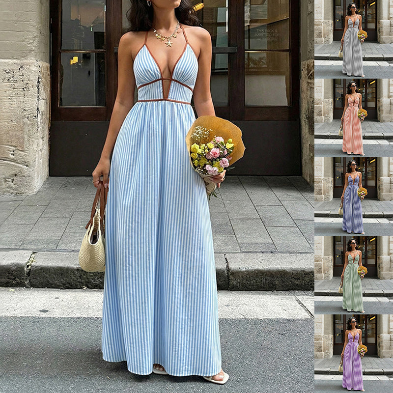 Robe Bretelles Rayée, Col V - vue 1 - OmniForYou