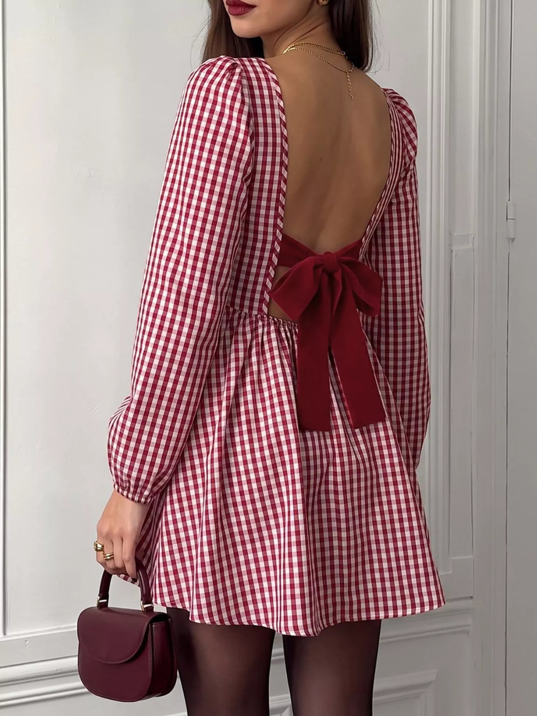 Robe à carreaux dos nu manches longues – vue principale – OmniForYou
