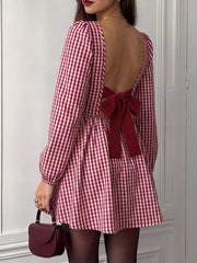Robe à carreaux dos nu manches longues – vue principale – OmniForYou