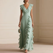 Robe Longue Bohème à Volants, Col V - vue 1 - OmniForYou