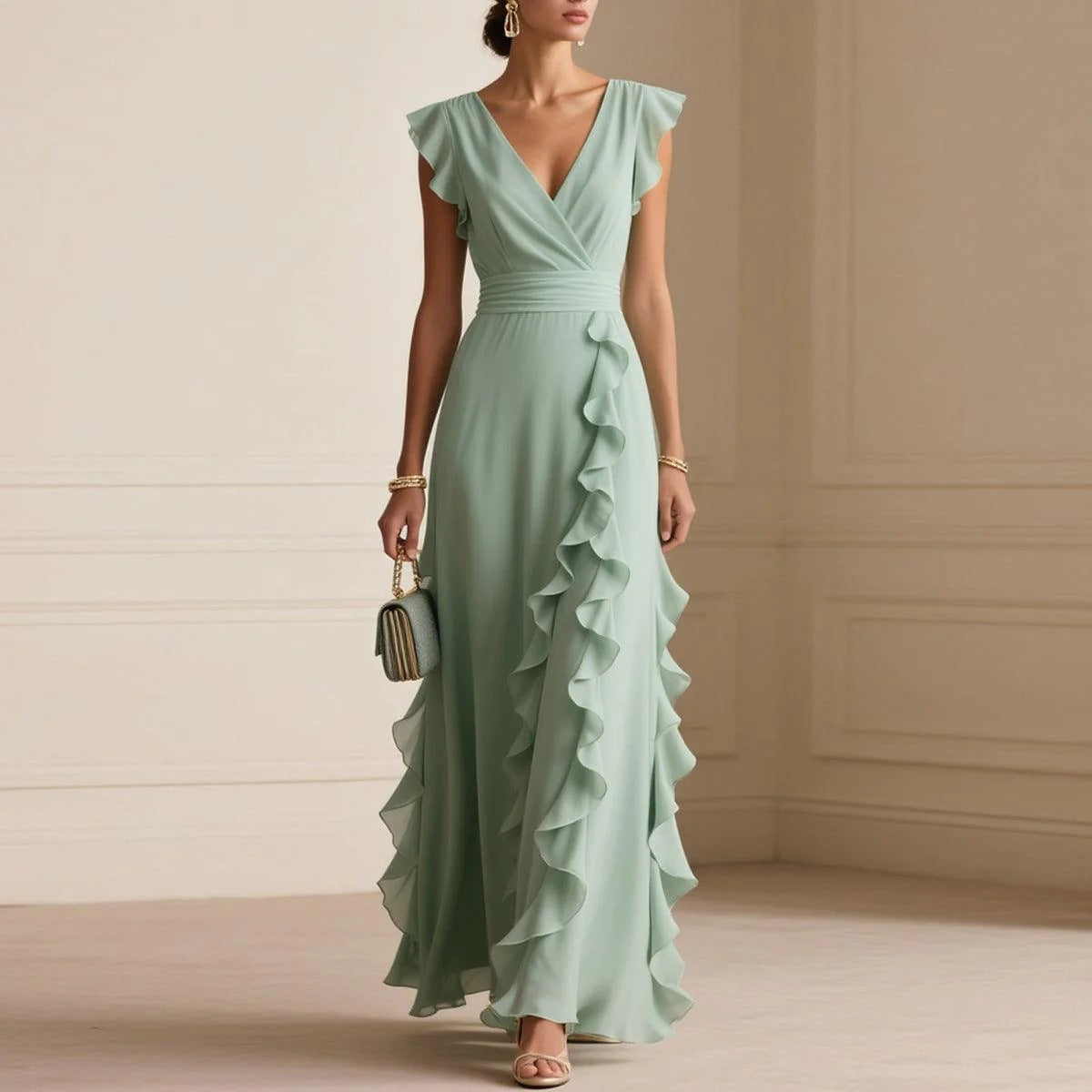 Robe Longue Bohème à Volants, Col V - vue 1 - OmniForYou