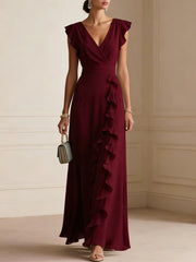 Robe Longue Bohème à Volants, Col V - détail tissu et coupe - OmniForYou