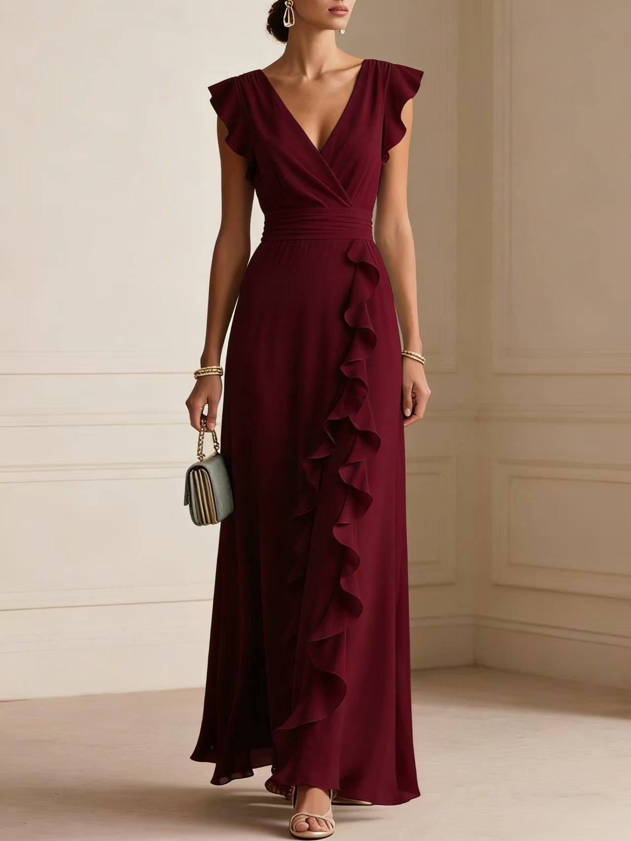 Robe Longue Bohème à Volants, Col V - détail tissu et coupe - OmniForYou