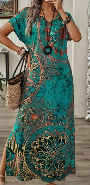 Robe Fleurie Vintage Col V Manches Chauve-Souris - vue 2 - OmniForYou