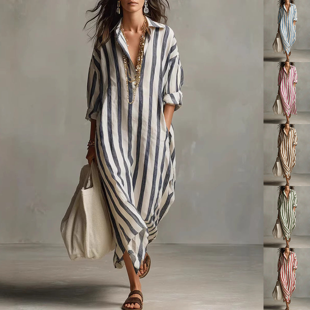 Robe Rayée Manches Courtes, Col Fendu - vue 1 - OmniForYou