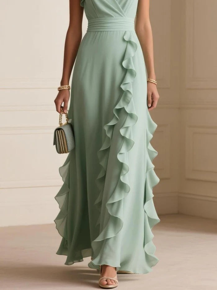 Robe Longue Bohème à Volants, Col V - vue portée soirée - OmniForYou