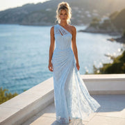 Robe Fourreau Bleu Ciel, Col Halter - vue 1 - OmniForYou