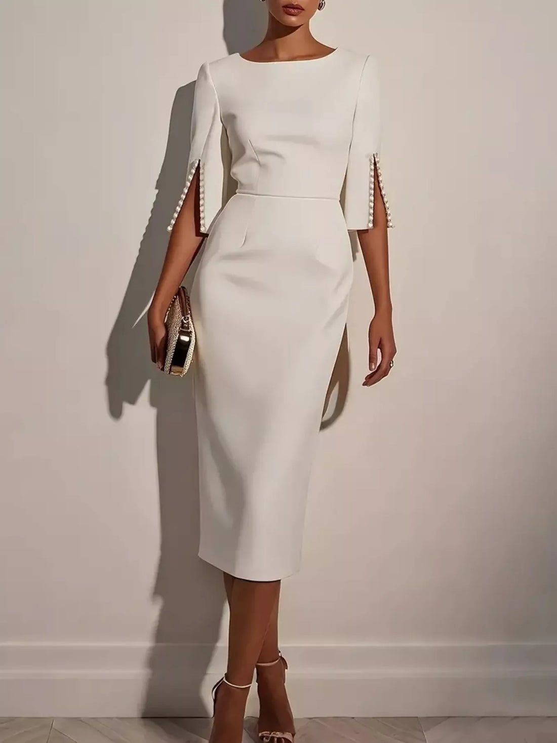 Robe mi-longue fendue doublée manches longues – vue principale – OmniForYou