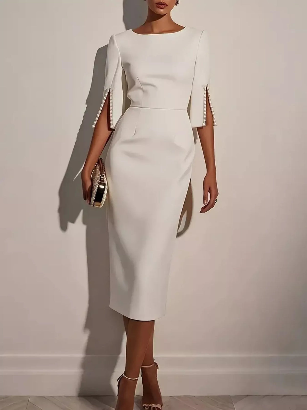 Robe mi-longue fendue doublée manches longues – vue principale – OmniForYou