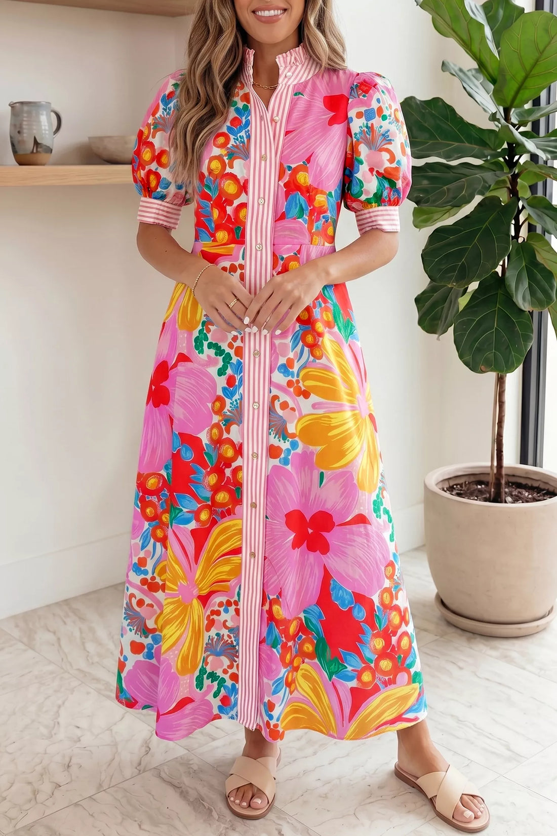 Robe longue fleurie manches courtes à liseré – vue principale – OmniForYou