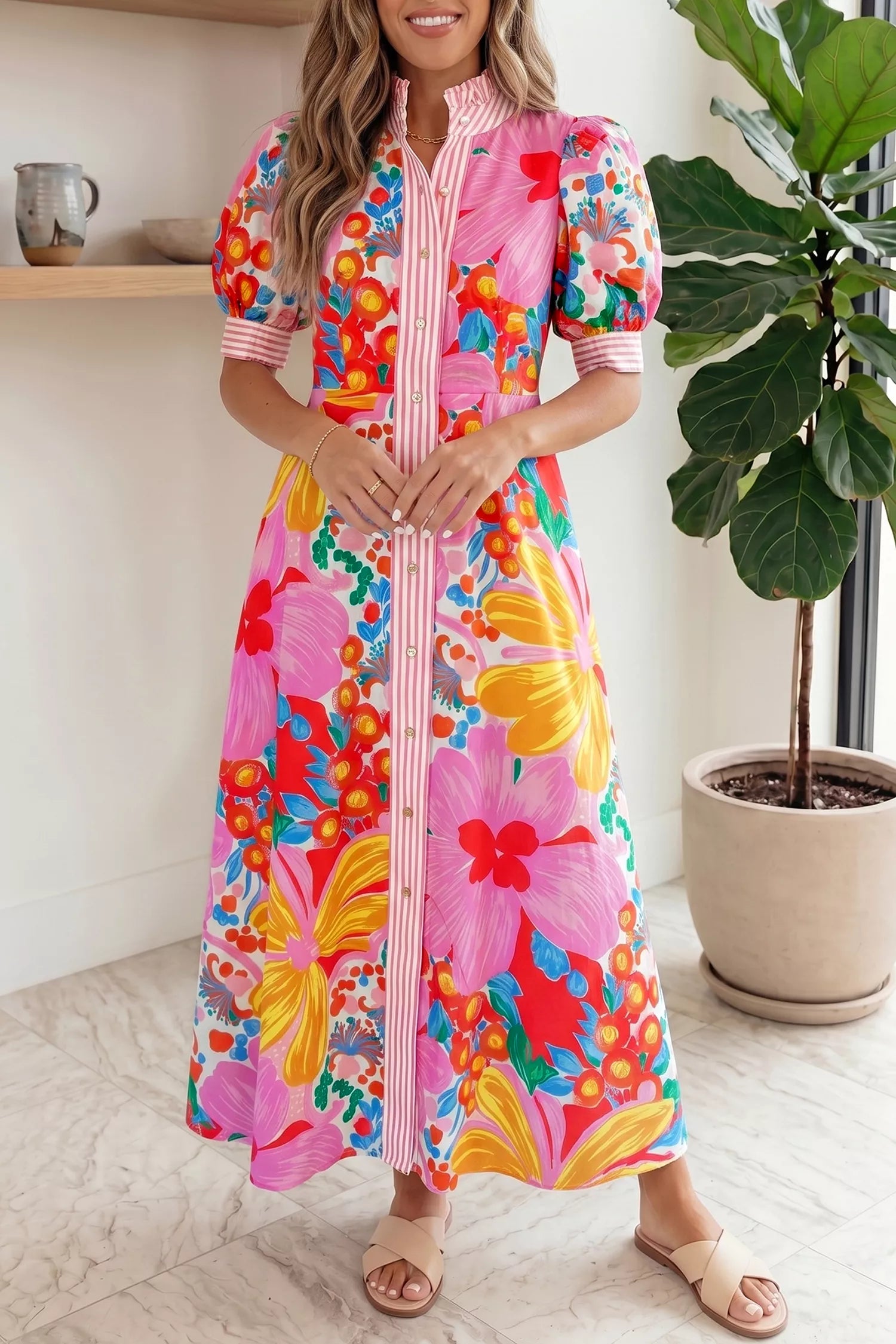 Robe longue fleurie manches courtes à liseré – vue principale – OmniForYou