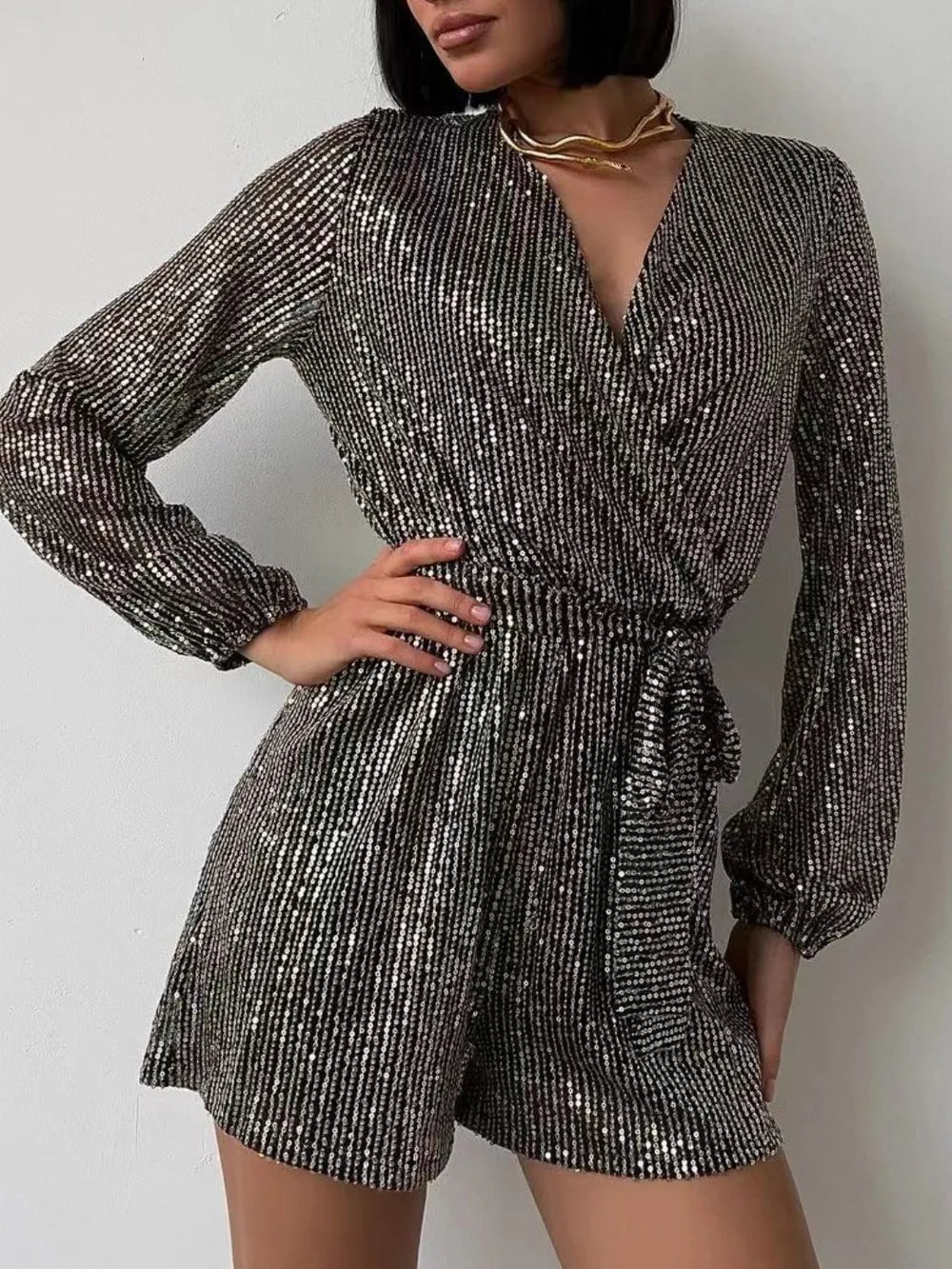 Combishort à sequins manches longues grande taille – vue principale – OmniForYou