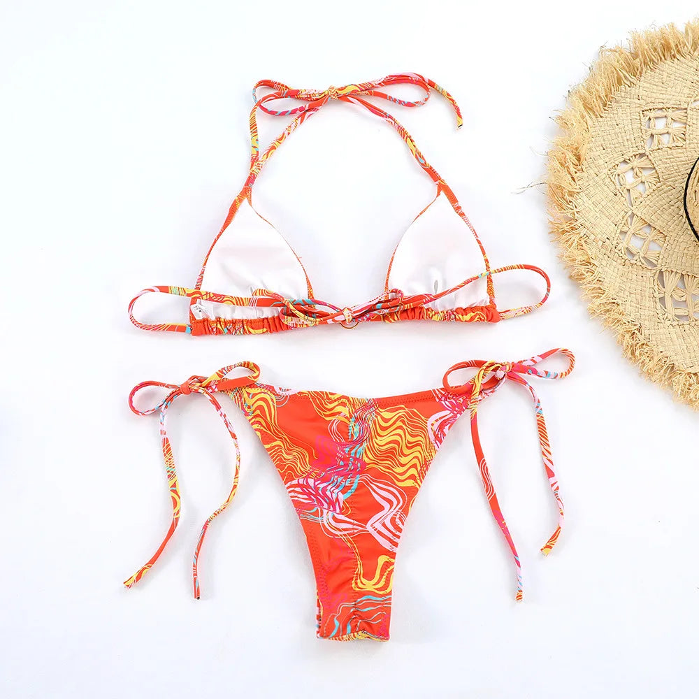 Bikini Triangle Imprimé – Col Halter à Nouer
