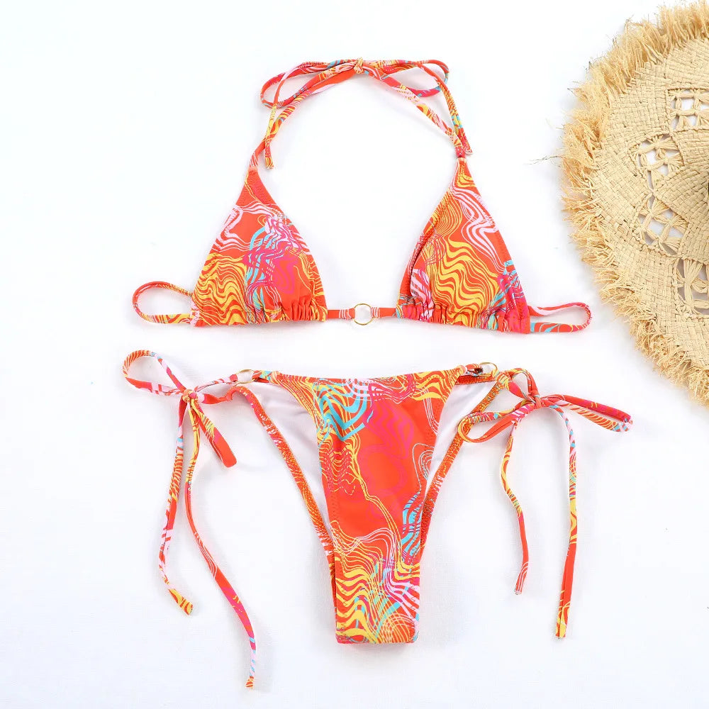 Bikini Triangle Imprimé – Col Halter à Nouer