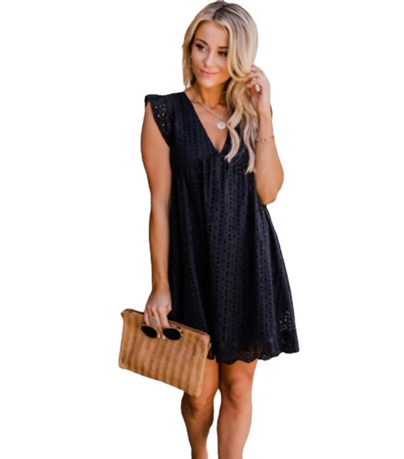 Robe Dentelle Ajourée – Col V, Jacquard