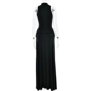 Robe Longue Plissée – Col Monté, Épaule Dénudée, Fendue