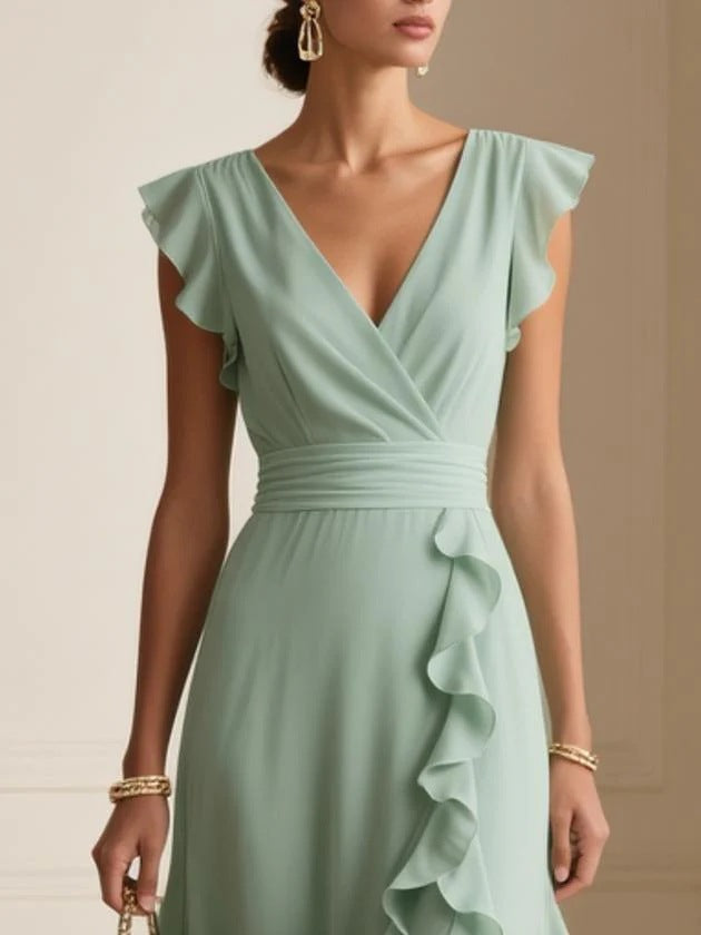 Robe Longue Bohème à Volants, Col V - détail col V - OmniForYou