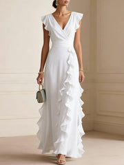 Robe Longue Bohème à Volants, Col V - vue portée été - OmniForYou