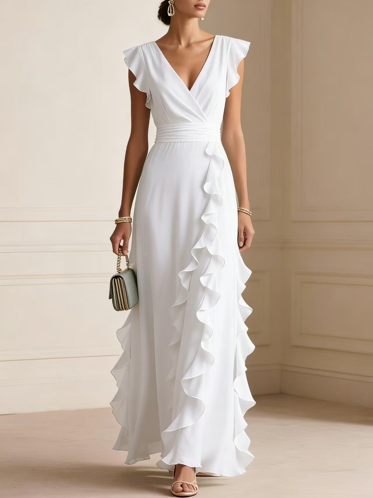 Robe Longue Bohème à Volants, Col V - vue portée été - OmniForYou