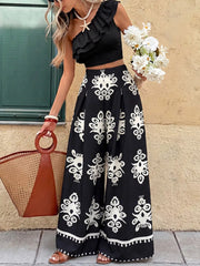 Ensemble crop top asymétrique et pantalon large imprimé – vue principale – OmniForYou