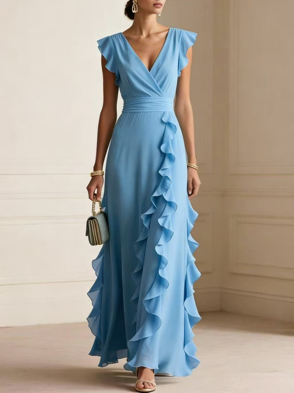 Robe Longue Bohème à Volants, Col V - vue 3 - OmniForYou