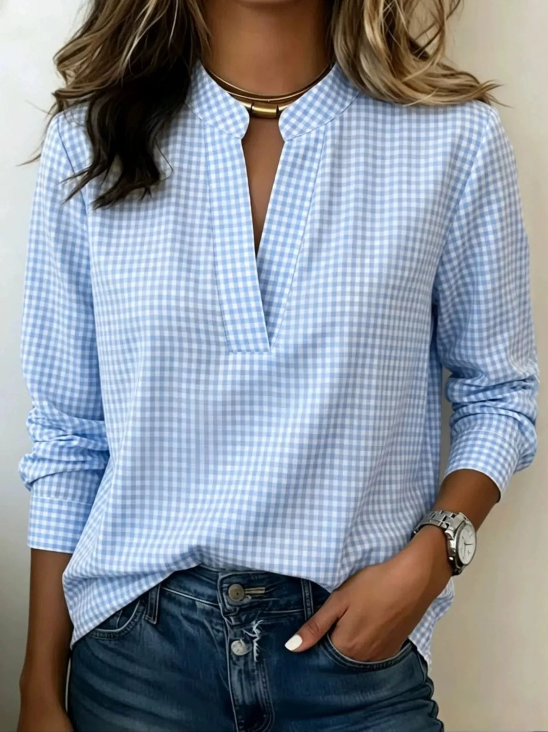 Blouse à carreaux col cranté grande taille – vue principale – OmniForYou