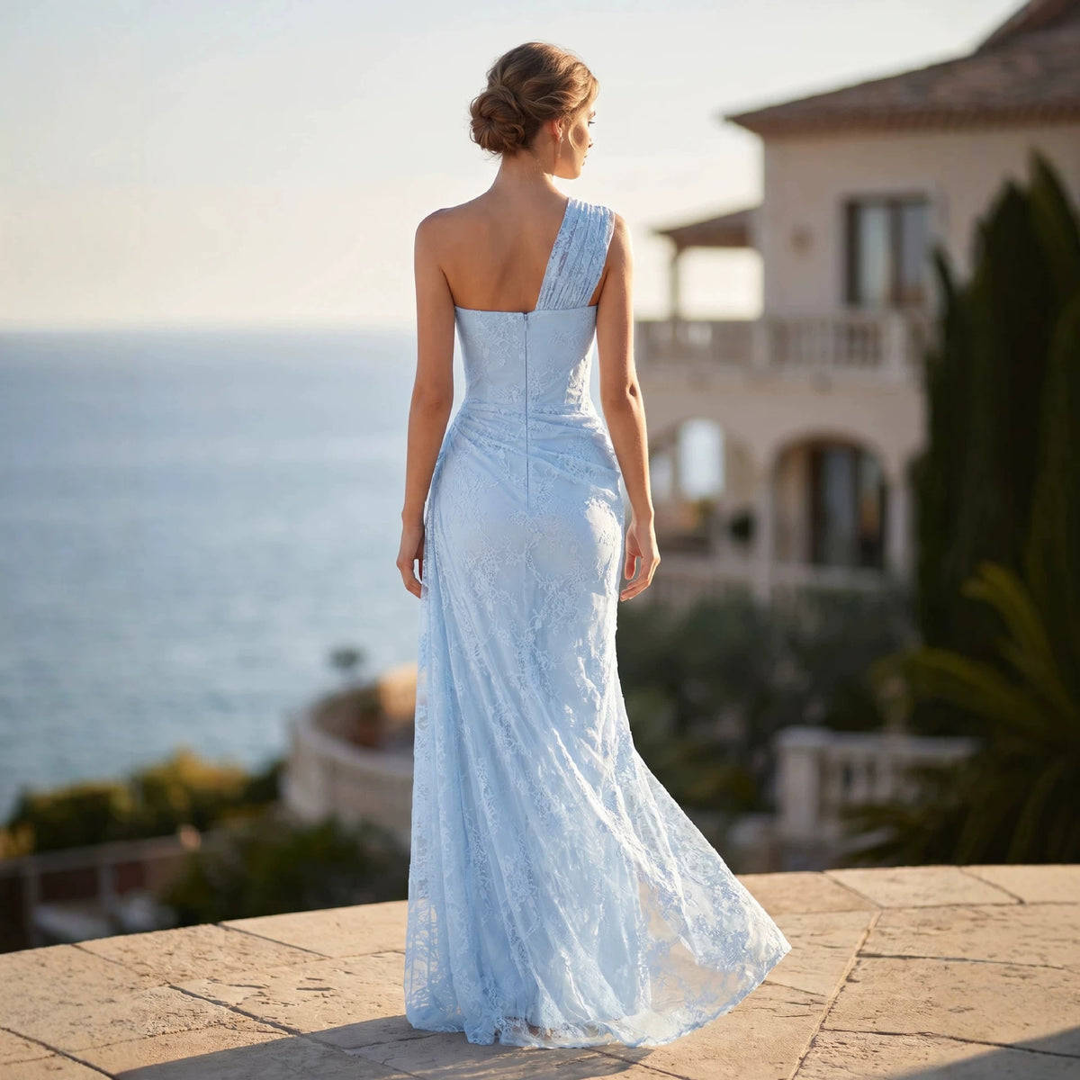 Robe Fourreau Bleu Ciel, Col Halter - vue 2 - OmniForYou