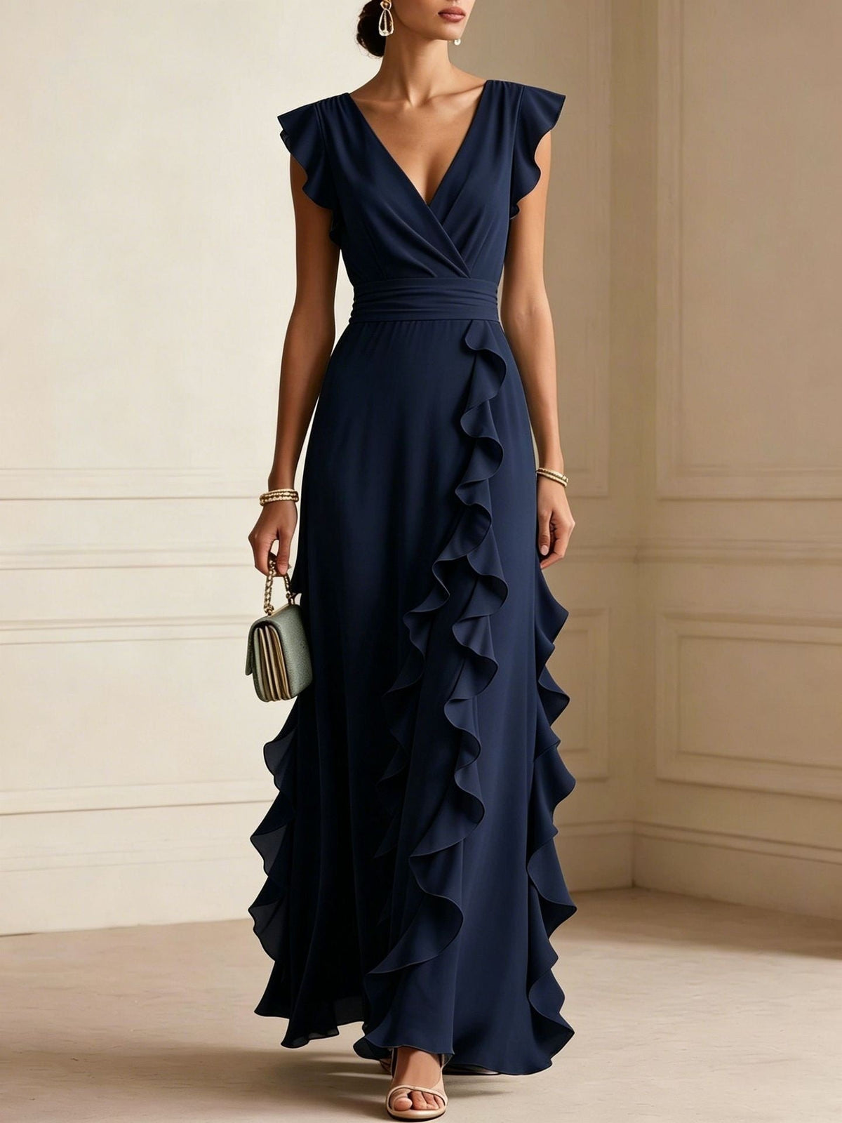 Robe Longue Bohème à Volants, Col V - coloris disponibles - OmniForYou