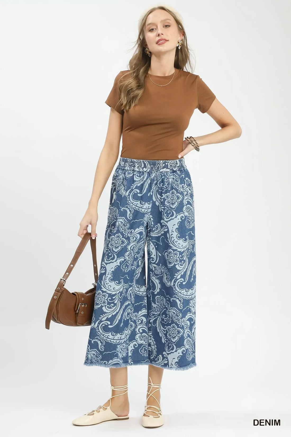 Umgee pantalon 7/8 large délavé imprimé floral – vue principale – OmniForYou