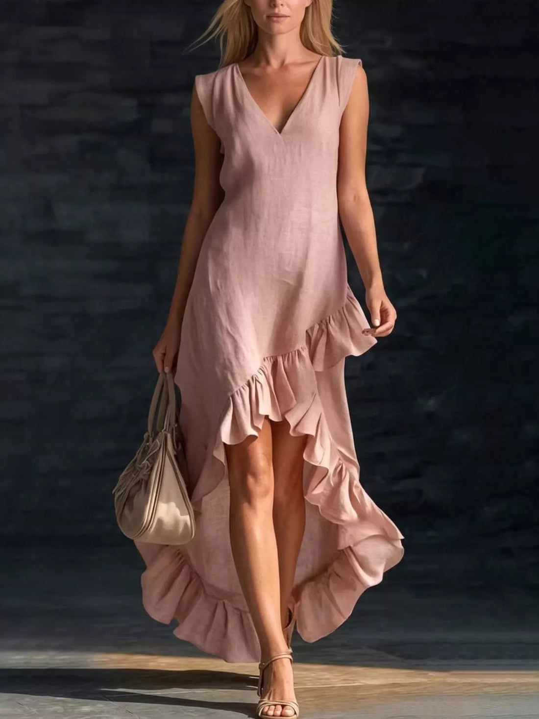 Robe col V grande taille ourlet volanté asymétrique – vue principale – OmniForYou