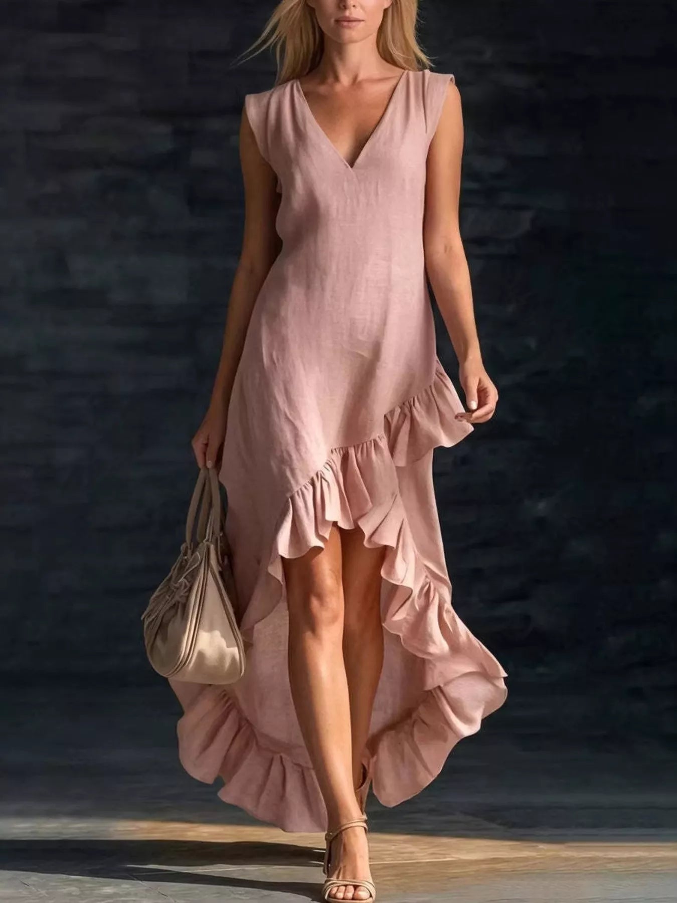 Robe col V grande taille ourlet volanté asymétrique – vue principale – OmniForYou