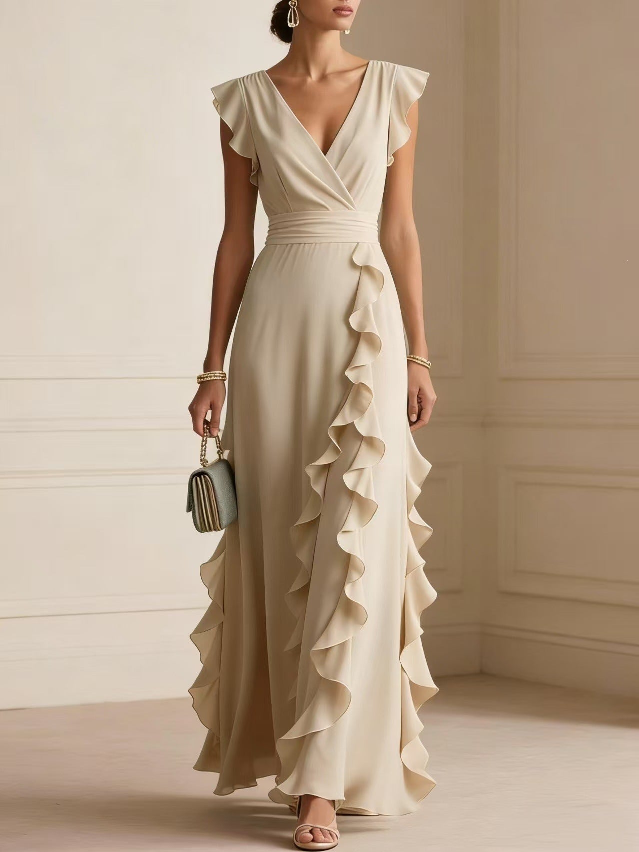 Robe Longue Bohème à Volants, Col V - guide des tailles - OmniForYou
