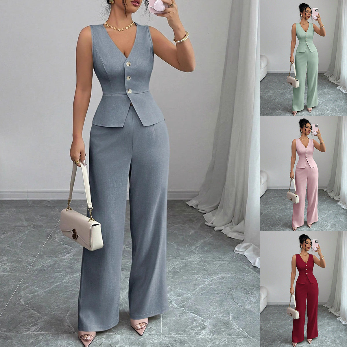 Ensemble Débardeur Col V et Pantalon Taille Haute - vue 1 - OmniForYou