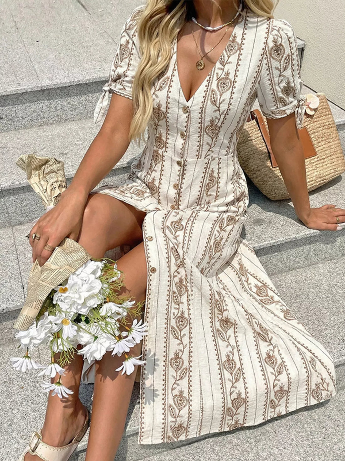 Robe mi-longue imprimée boutonnée – vue principale – OmniForYou