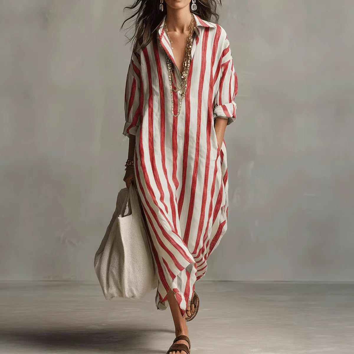 Robe Rayée Manches Courtes, Col Fendu - vue 3 - OmniForYou