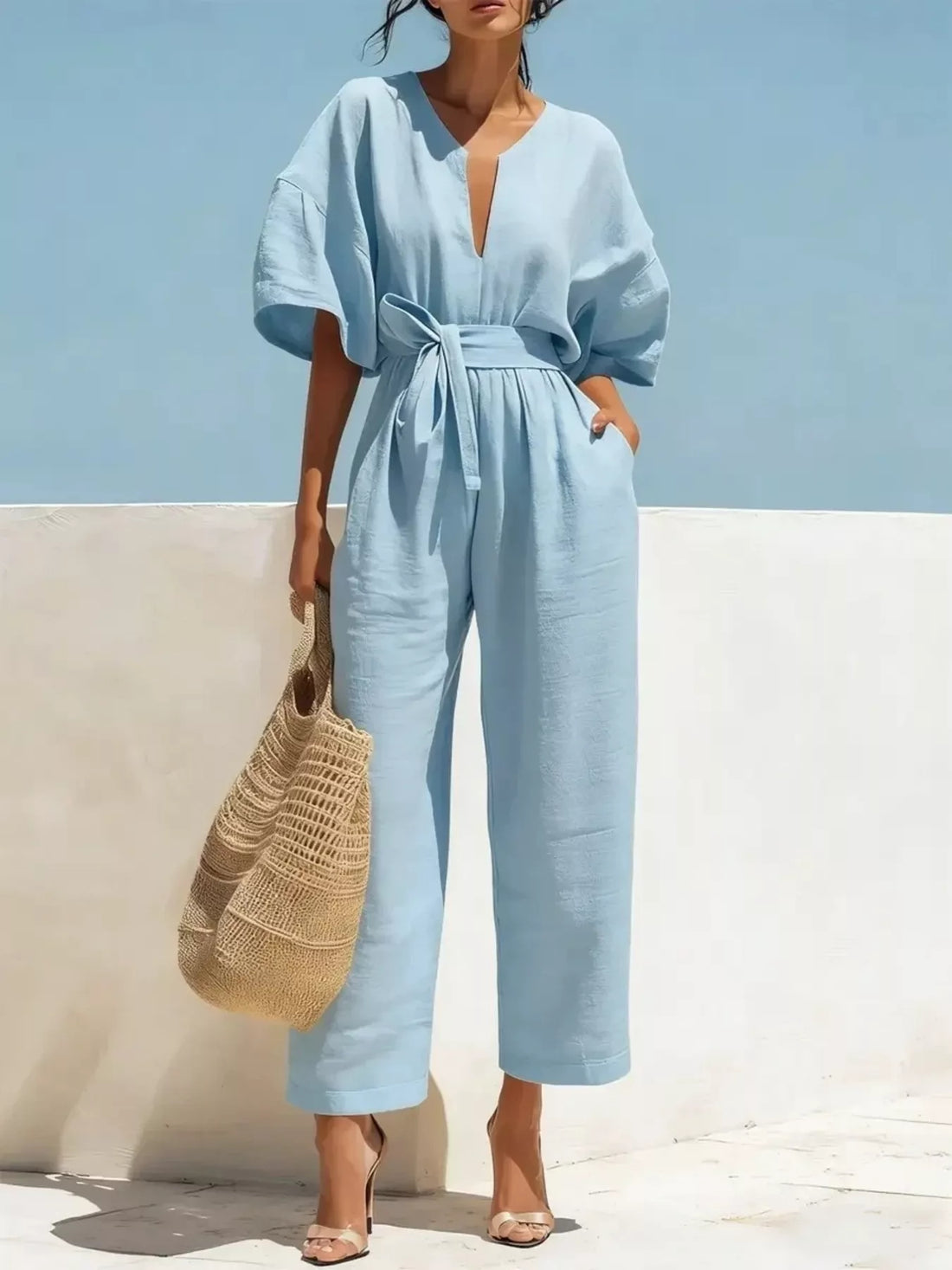 Combinaison jambe large nouée à la taille – vue principale – OmniForYou
